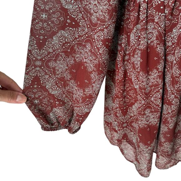 Melloday Womens Boho Peasant Blouse Small Rust Red Smocked Phoebe Buffay Cottage - Picture 13 of 16